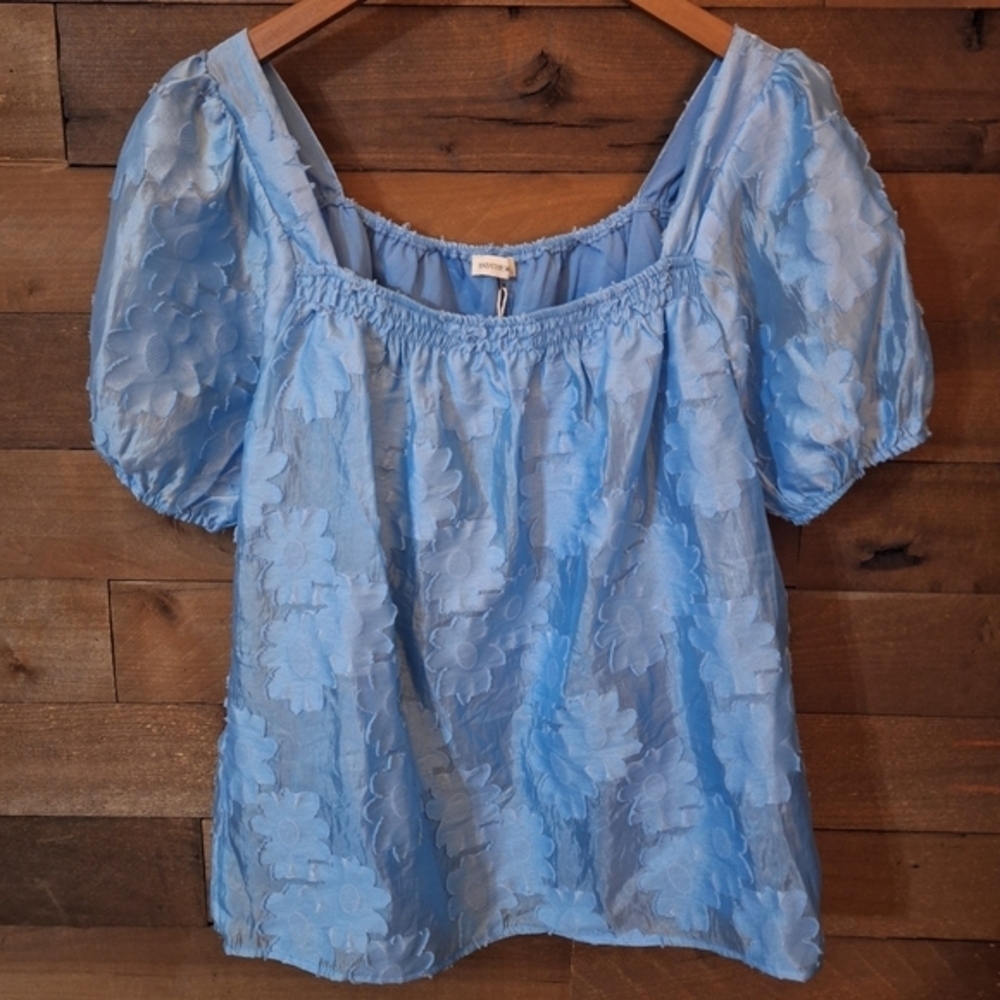 ANDTHEWHY NWT Blue Serenity Floral Applique Embroidered Blouse Sz small